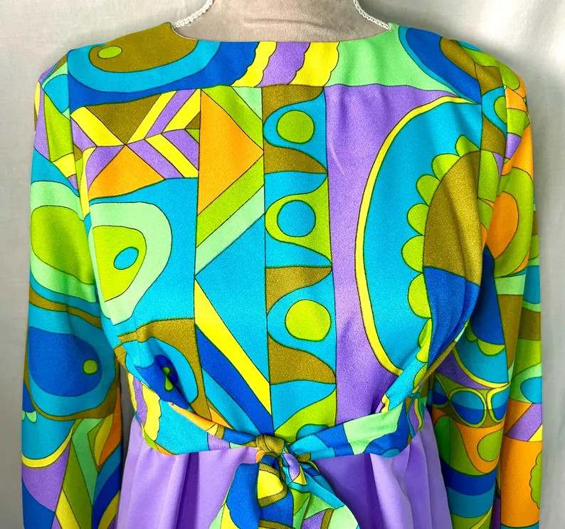 Vintage 60s/70s Mod Psychedelic Purple Multicolor Geometric Print Tie Front Maxi Dress, Size M | Etsy (Global)