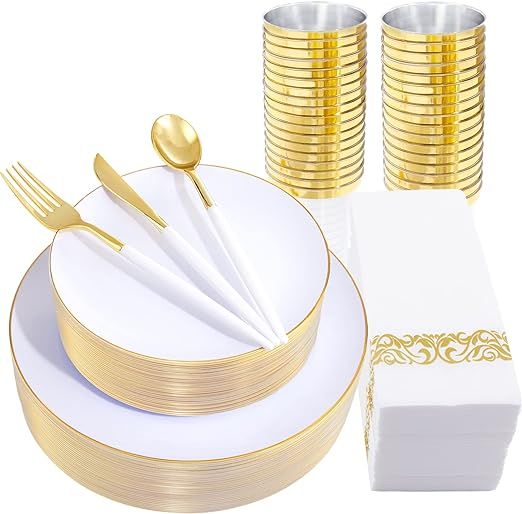 Nervure 350PCS White and Gold Plastic Plates & Gold Plastic Silverware with White Handle-50 Guest... | Amazon (US)