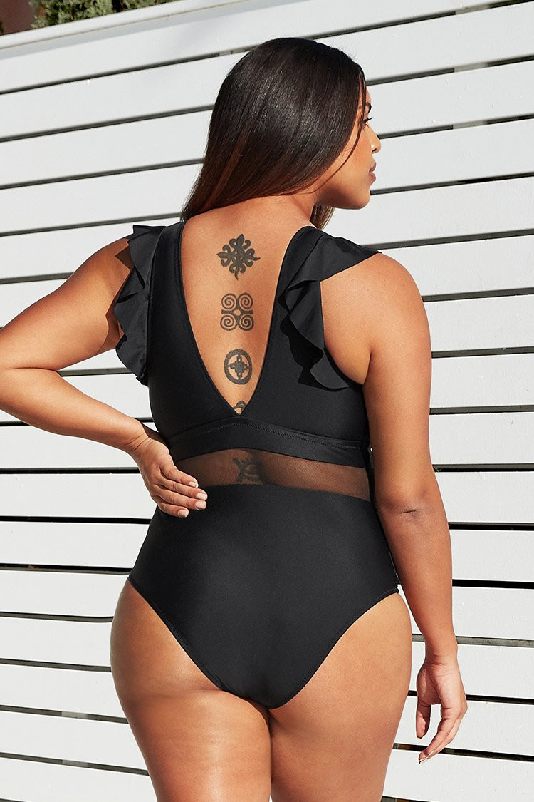Ruffle Plunge V Neck Plus Size One Piece Swimsuit | Cupshe