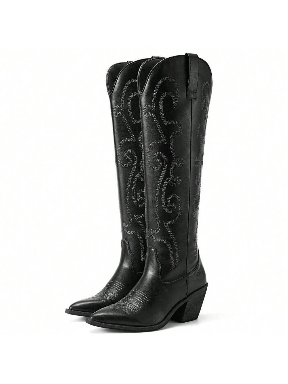 NewTrendsRollda Women Knee High Western Boots Pointy Toe Rodeo Cowgirl Dress Boots Zipper | SHEIN