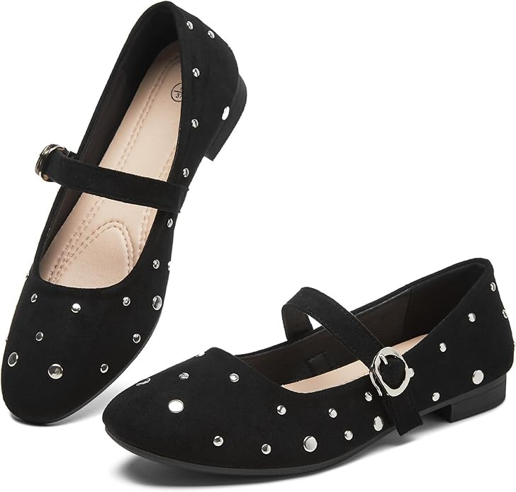 Waluzs Ballet Mary Jane Flats Shoes Women Studded Suede Black Flats Dress Shoes for Women Comfort... | Amazon (US)