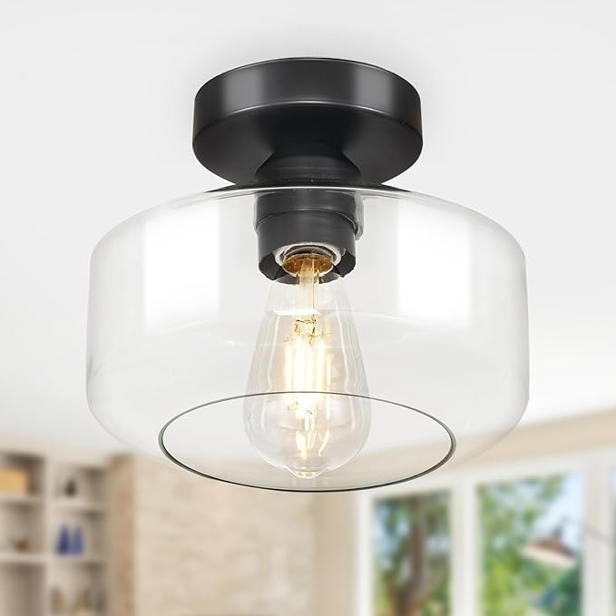 Industrial Semi Flush Mount Ceiling Light: Black Kitchen Lighting Fixtures Ceiling with Clear Gla... | Amazon (US)