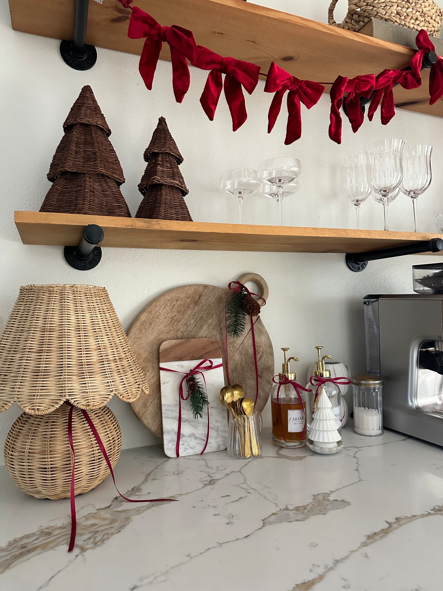 Coffee bar 
Christmas coffee bar 
Red ribbon 
Vintage Christmas
Ralph Lauren Christmas 
Amazon home
Walmart home 
Target 
Wicker trees 
Mini tree 
Christmas tree
Garland 
Glassware
Wine glass
Holiday party 
Home bar 
Espresso machine 
Kitchen shelves 
Kitchen 

#LTKmorningroutine #LTKHoliday #LTKFindsUnder50