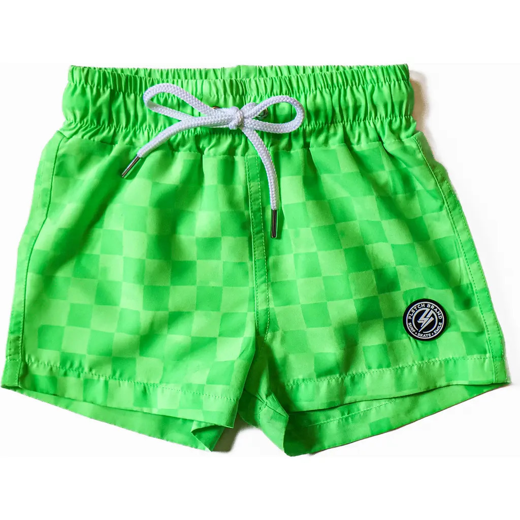 Fletch Neon Color Change Checker Swim Trunks in Neon Green at Nordstrom, Size 10-12 | Nordstrom