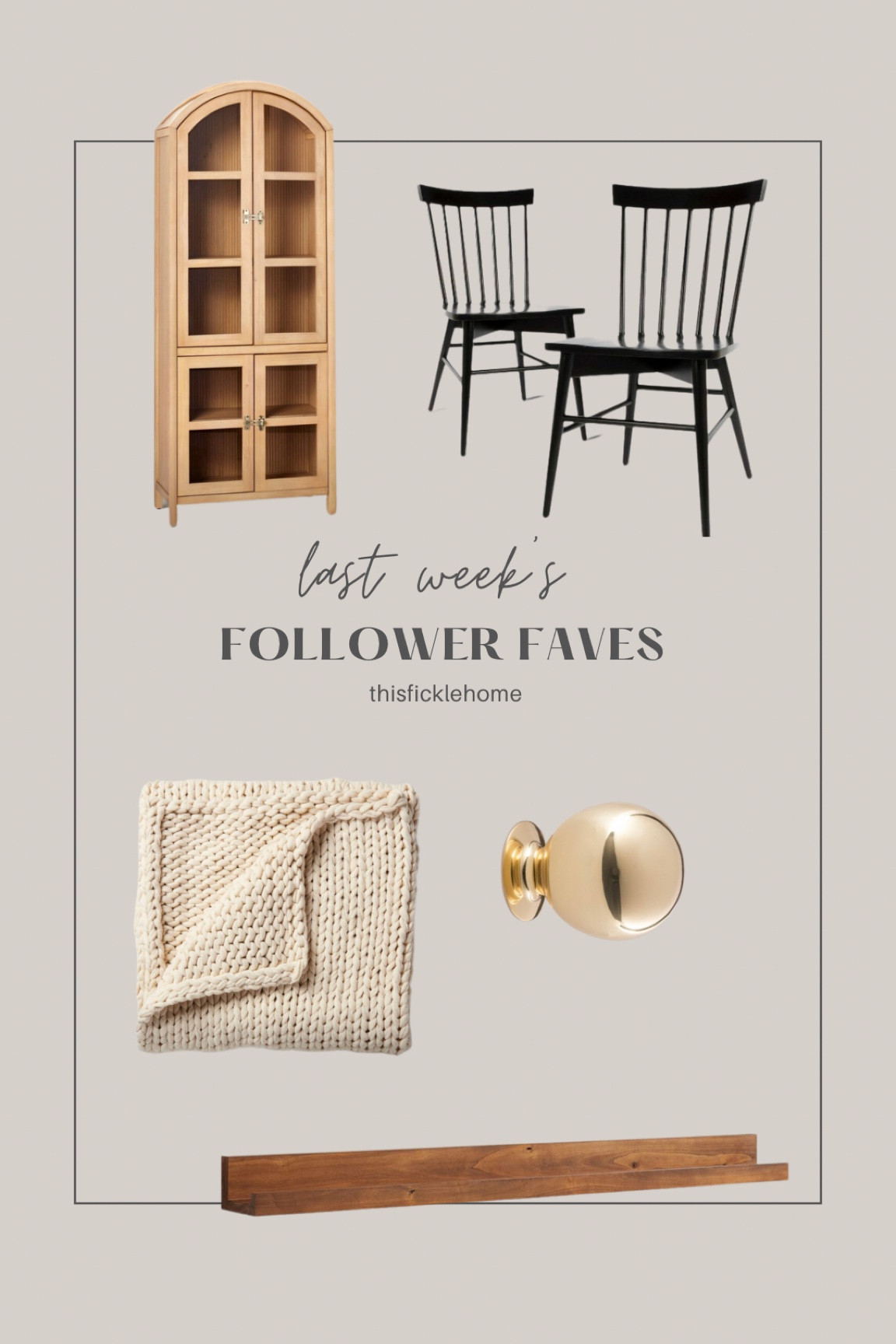 Floating art ledge, picture ledge, unlacquered brass knob, black wood dining chairs, oversized chunky knit throw, light wood arched cabinet with glass doors.

#LTKsalealert #LTKhome