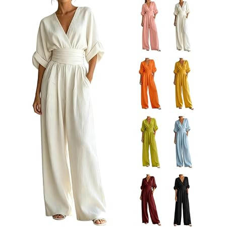 Cotton Linen Wide Leg Jumpsuit for Women V-Neck Casual High Waist Jumpsuit Half Sleeve Romper wit... | Amazon (US)
