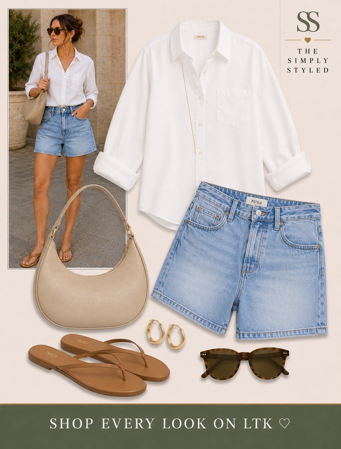 The outfit that never fails 🤍

Featuring a crisp white button-down shirt, light wash denim shorts, neutral shoulder bag, gold hoop earrings, tortoise sunglasses, and flat sandals.

A timeless summer outfit for brunch, vacation, errands, lunch dates, and everyday elevated style.

Keywords: white button-down shirt, denim shorts outfit, neutral accessories, capsule wardrobe, classic summer style, effortless chic, vacation outfit, everyday fashion.

Shop the complete look on LTK ♡

#LTKootd