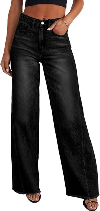 Sidefeel Women's Wide Leg Jeans High Waisted Stretchy Raw Hem Zimbaplatinum Denim Pants | Amazon (US)