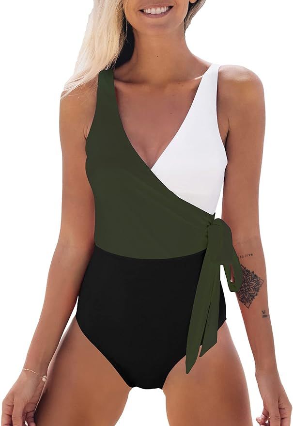 CUPSHE Women's One Piece Swimsuit Wrap Color Block Tie Side Bathing Suit | Amazon (US)