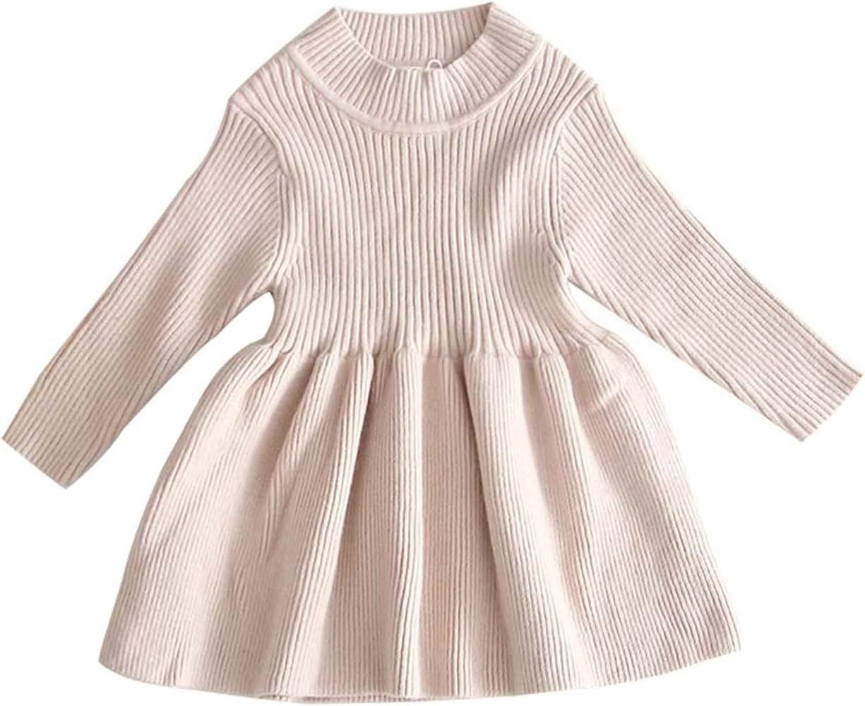 Toddler Baby Girl Knit Sweater Dress Kids Solid Color Ribbed Ruffle Long Sleeve Dresses Top Fall ... | Amazon (US)