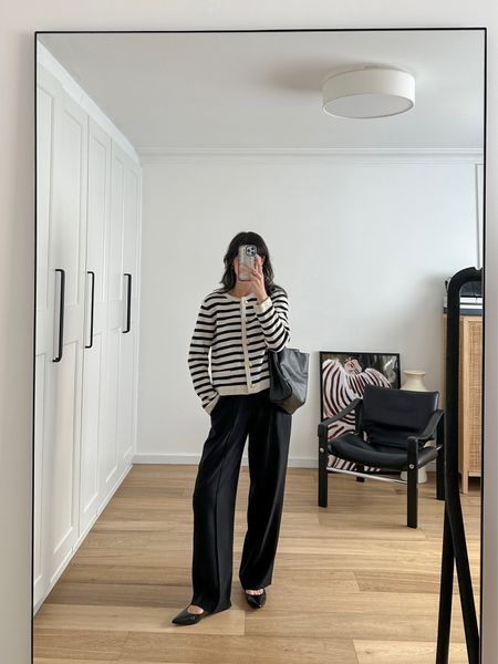 Wearing stripe knit jacket with my fave pants and pointed toe flats. Parisian chic French girl style 👌🏻👌🏻 pants and knit are size M. Shoes are Edward Meller

#LTKaustralia #LTKeurope
