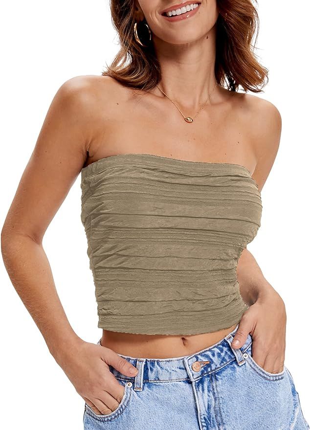 DJT Women's Strapless Crop Tops Textured Pleated Sleeveless Tanks Summer Sexy Tube Top | Amazon (US)