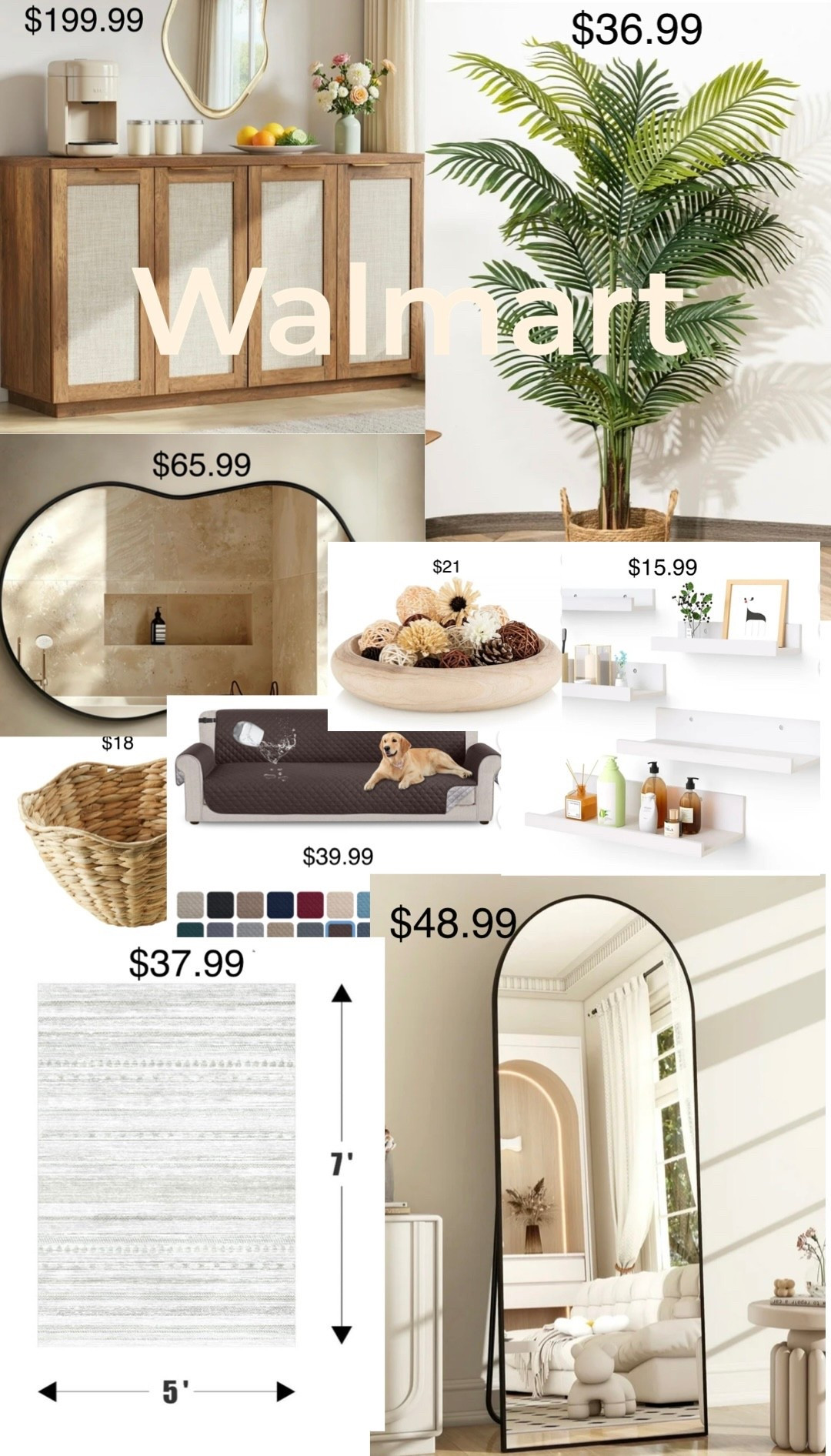 Walmart home goods on sale! 
Washable rugs 
House palm 
Tall standing arch mirror 
Floating shelves 
Couch covers 
Sidebar 

#LTKSaleAlert #LTKPets #LTKHome