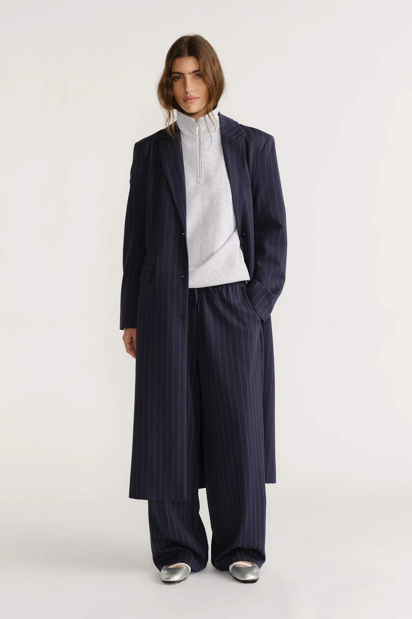 D-Luxe Pinstripe Blazer Coat - Navy/White | DECJUBA
