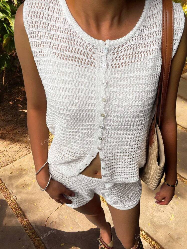 Completo corto casual da donna composto da due pezzi con fibbia, senza maniche, con aperture, in ... | SHEIN