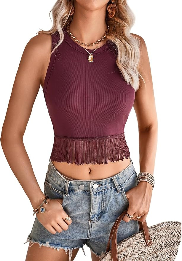 SweatyRocks Women's Casual Sleeveless Stretchy Ribbed Knit Shirt Racerback Crop Fringe Tank top | Amazon (US)