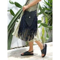 Black Bohemian Purse Leather Fringe Carved Crossbody, Tooled | Etsy (US)