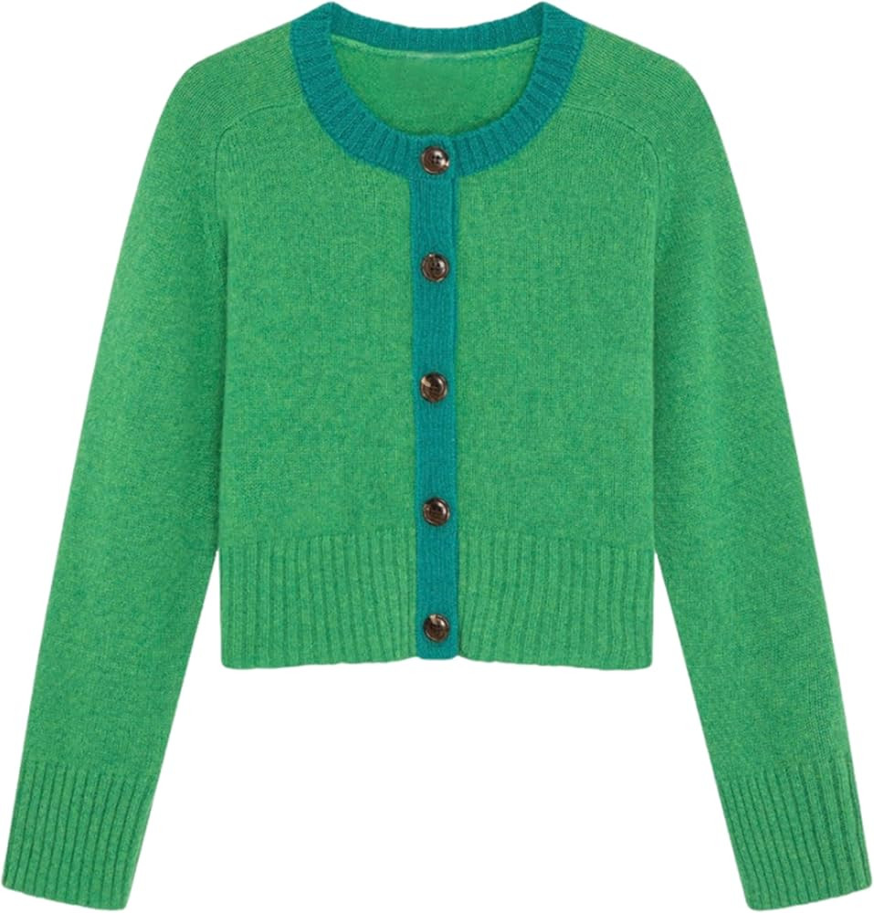 Springrain Womens Cropped Cardigan Long Sleeve Button Down Sweater Coat Color Block Casual Knit J... | Amazon (US)