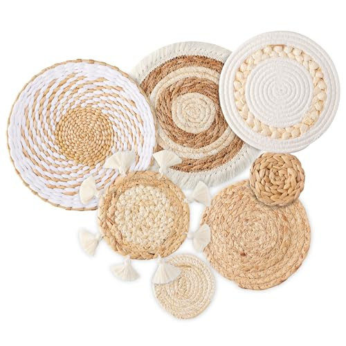 7 Pack Boho Wall Basket Decor - Seagrass Rattan Wicker Wall Decor Round Handmade Hanging Rustic Flat Elegant Wall Art for Farmhouse Living Rooms Bedrooms Display Table Settings Kitchen Home | Amazon (US)