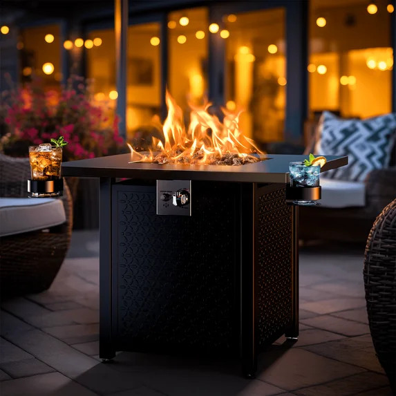 Philergo 28 Inch Propane Fire Pits with Cup Holders, 50000 BTU Steel Gas Fire Pit Table with Lid ... | Walmart (US)