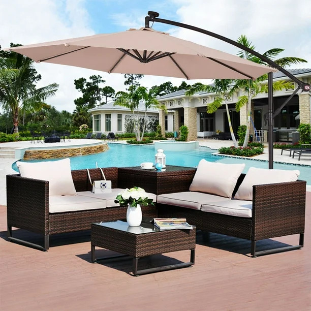 Costway 10' Hanging Solar LED Umbrella Patio Sun Shade Offset Market W/Base Beige | Walmart (US)