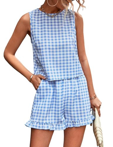 Amazon.com: Hooever Women's Gingham Check 2 Piece Set Sleeveless Tank Top and Ruffle Hem Shorts C... | Amazon (US)