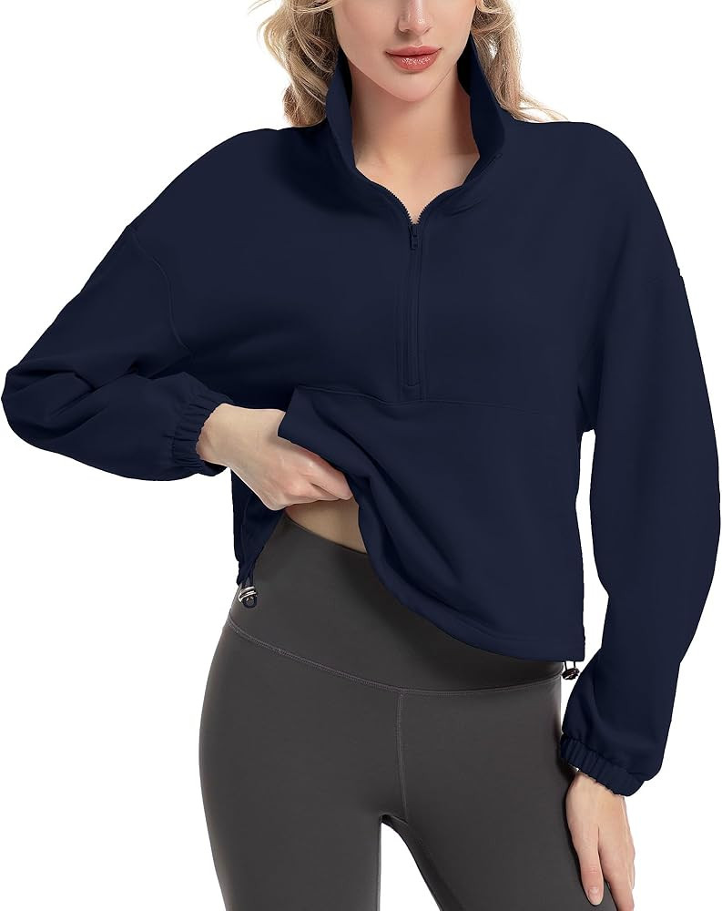 FKEEP Quarter Zip Pullover Women Cropped Sweatshirt Long Sleeve Crop Top Stand Collar Drawstring ... | Amazon (US)