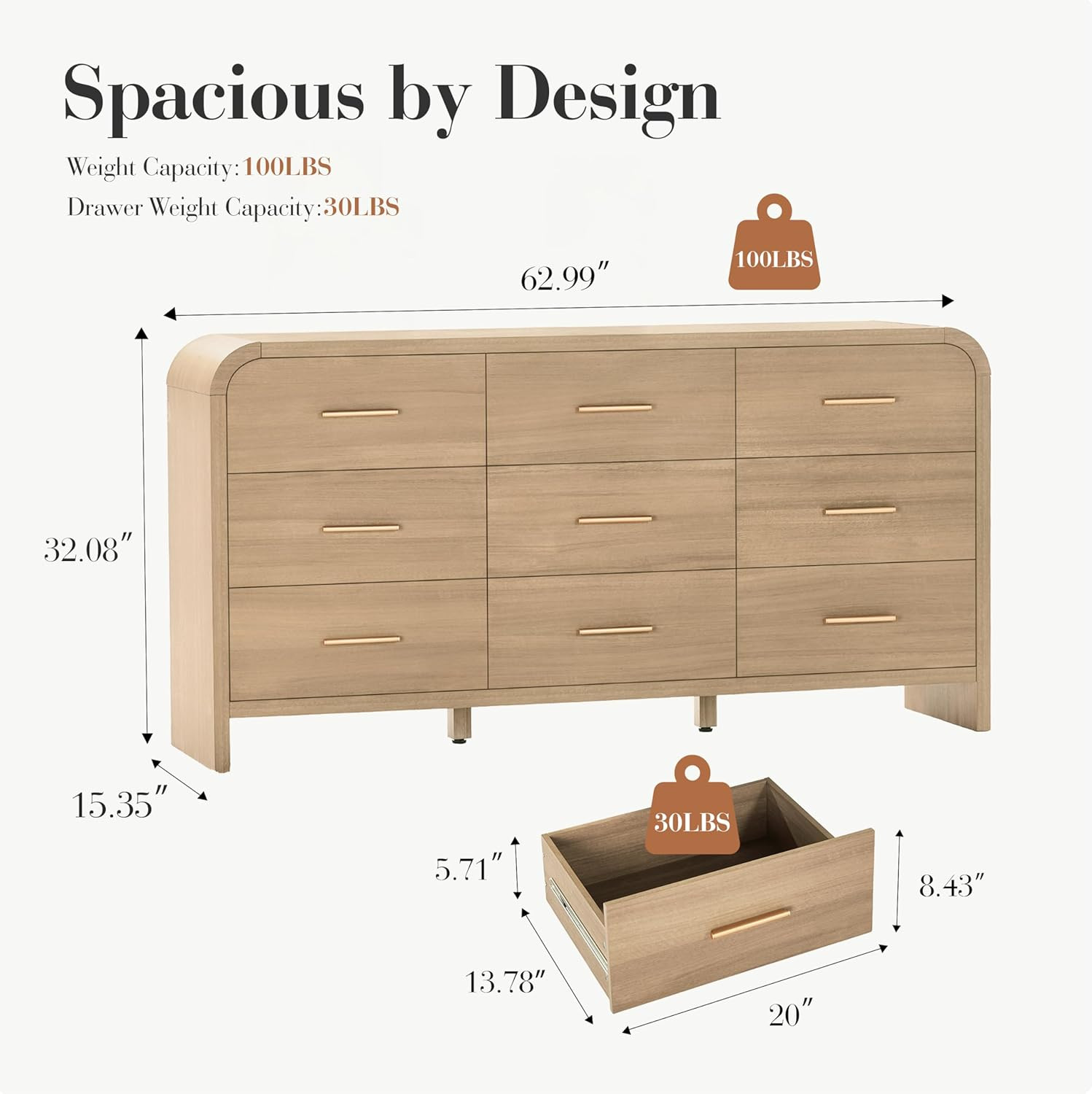 Curved 9-Drawer Dresser for Bedroom, 63" Wide Modern Chest of Drawers, Vanity Desk TV Stand for L... | Amazon (US)