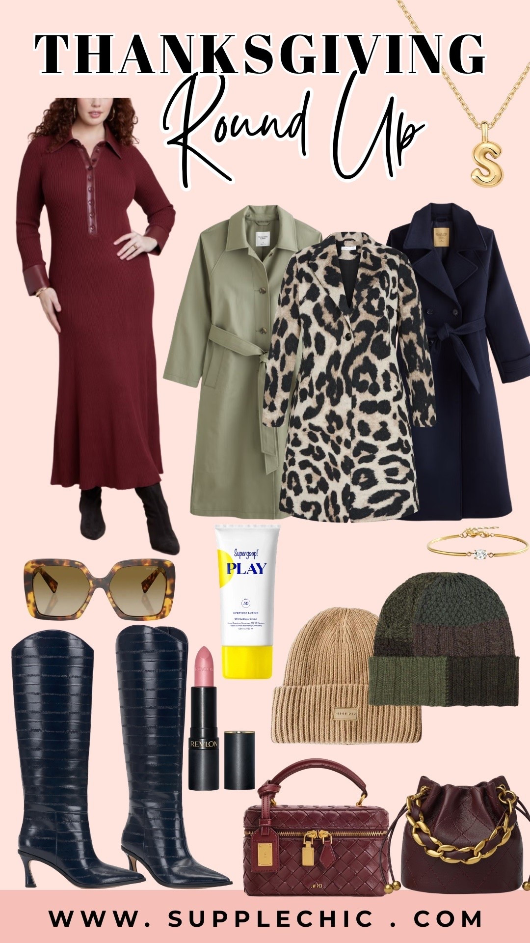 Planning a Thanksgiving outfit can be tricky when you want something comfortable but still dressed up. A burgundy knit dress is an easy starting point, while a classic trench coat or leopard print coat adds personality. Thanksgiving outfit ideas, Thanksgiving outfits for women, fall fashion finds, burgundy midi dress outfit, leopard print coat, trench coat outfit, knee-high boots outfit, fall wardrobe essentials, holiday outfit inspiration, fall accessories for women. @Eloquii @abercrombie