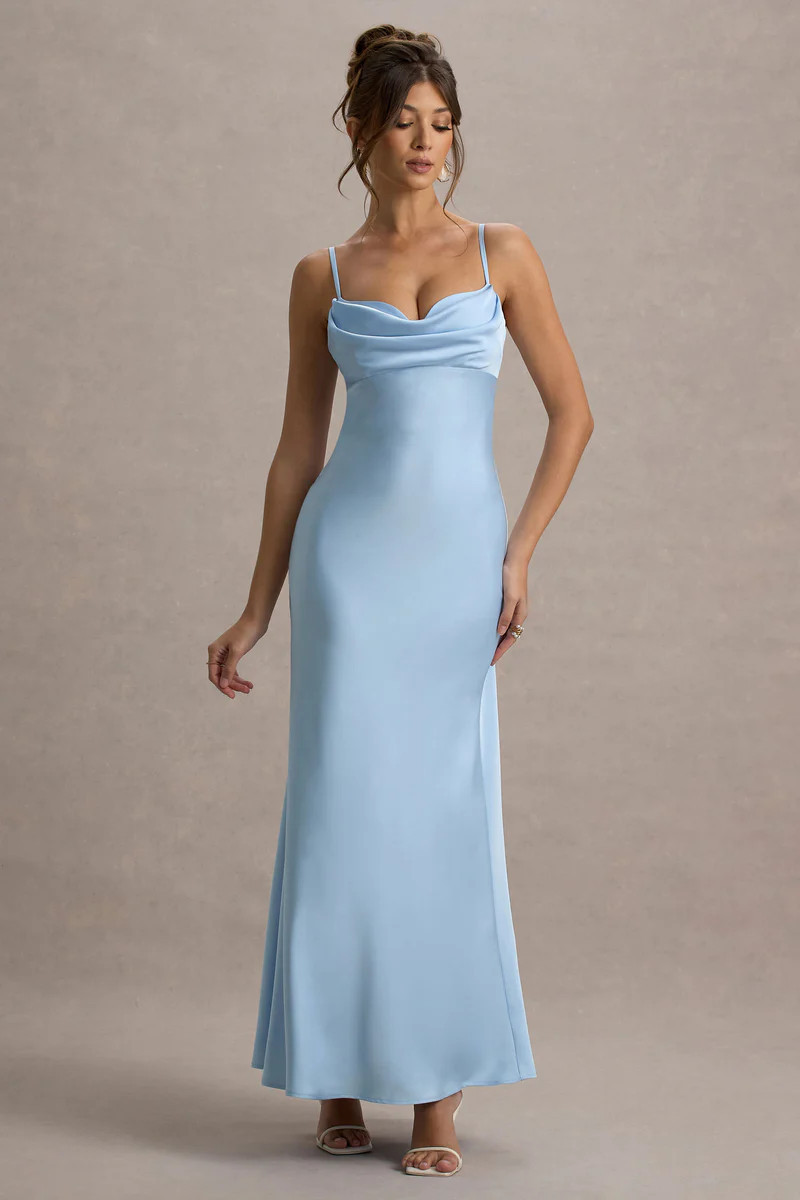 Eimear | Powder Blue Satin Draped Sweetheart Maxi Dress | Club L London