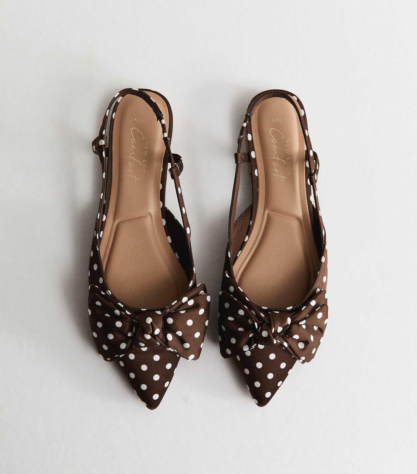 Brown Polka Dot Satin Bow Embellished Slingback Flats | New Look | New Look (UK)