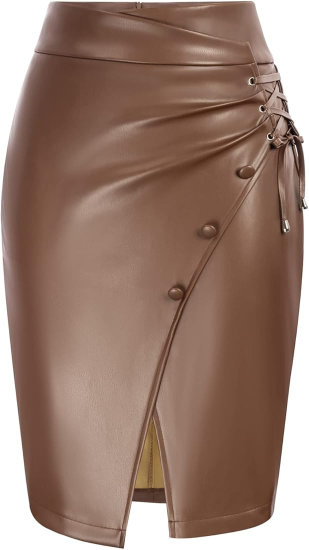 LIUMILAC Women Wrap PU Leather Skirt Split High Waist Midi Bodycon Pencil Skirt | Amazon (US)