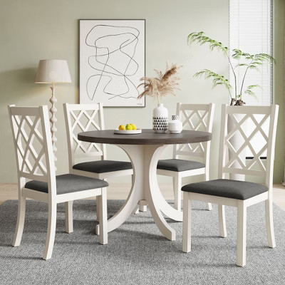 5 Piece Dining Table Set Dining Set with Round Table, 4 Upholstered Dining Chairs, Mid-Century Style, Brown+Gray-ModernLuxe | Target