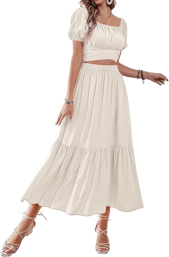 Women's 2 Pcs Outfits Wrap Tie Short Sleeve Crop Top Ruffle Maxi Skirt Set | Amazon (US)