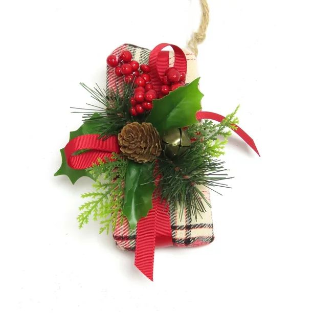 Holiday Time Merry Tidings themed Red, Green and Off-White Plaid Giftbox Christmas Ornament | Walmart (US)
