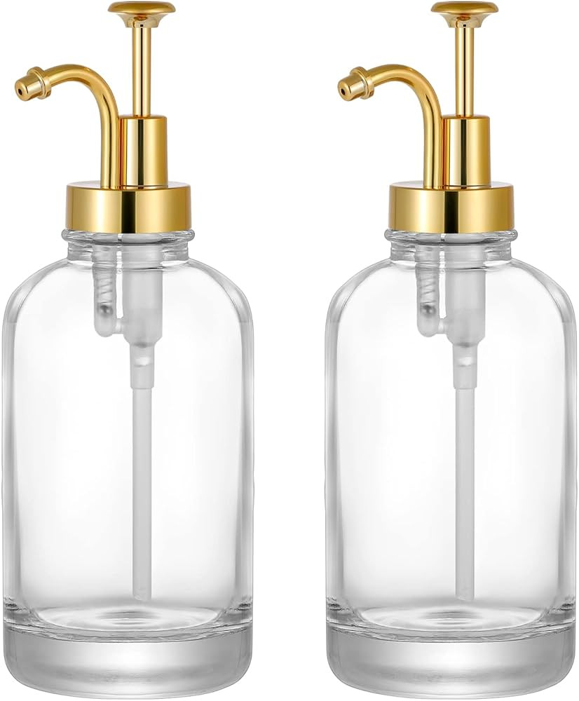 2 Pack Thick Clear Glass Jar Soap Dispenser with Gold Pump, 17ounce Clear Boston Round Bottles Di... | Amazon (US)
