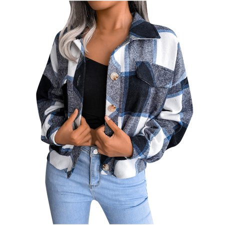 Women s Checked Shacket Jackets Fashion Short Coats Button Down Long Sleeve Lapel Plush Flannel Outw | Walmart (US)