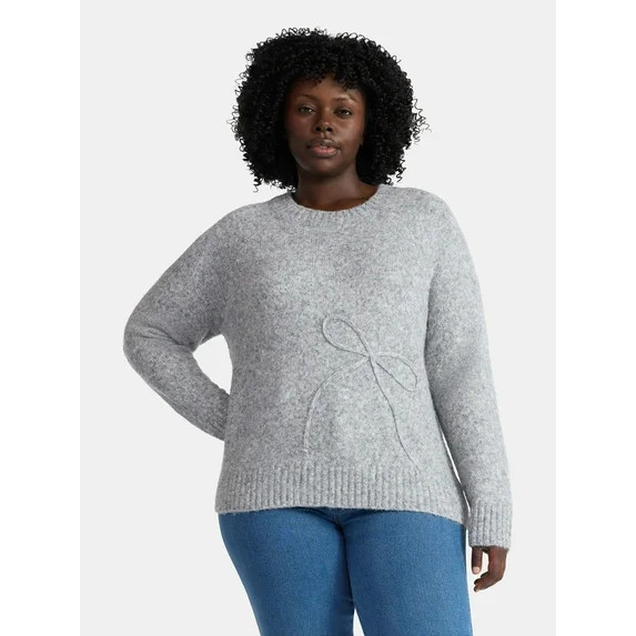 Terra & Sky Women’s Plus Bow Stitch Crewneck Sweater, Lightweight, Sizes 0X-4X | Walmart (US)