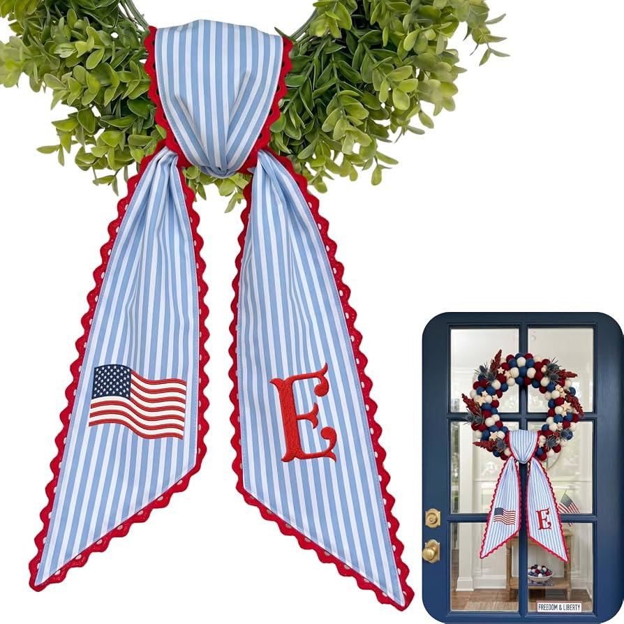 Monogram Wreath Sash for Front Door, Wreath Ribbon with American Flag Embroidered, Farmhouse Door... | Amazon (US)