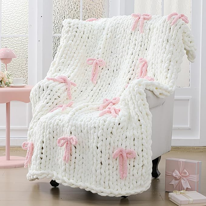 Pink Bow Chunky Knit Blanket Throw Large 50" X 60" 100% Handmade Cream Chenille Loop Yarn Fluffy ... | Amazon (US)