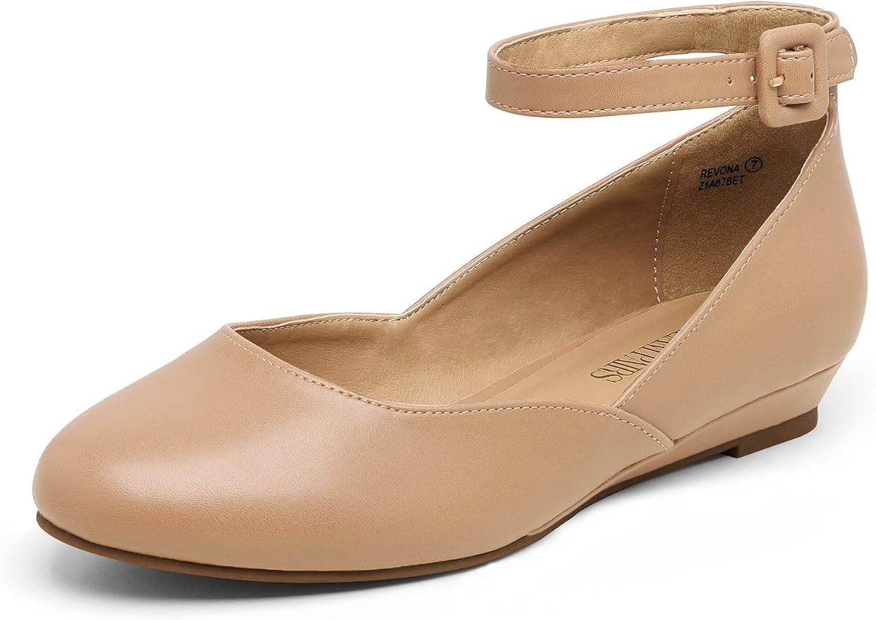 DREAM PAIRS Women's Revona Low Wedge Ankle Strap Flats Shoes | Amazon (US)