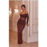 Chocolate Brown Mesh Bardot Layered Ruched Maxi Dress | PrettyLittleThing US
