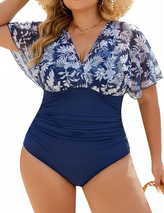 Blooming Jelly Women's Plus Size Swimsuit One Piece Bathing Suit Tummy Control Mesh V Neck Matern... | Amazon (US)