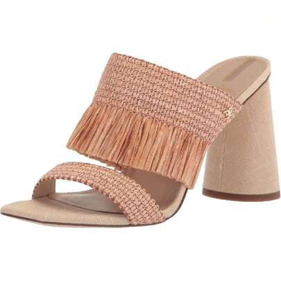 Sam Edelman Kamryn Blush Squared Toe Block Heel Slip On Raffia Heeled Sandals | SHEIN