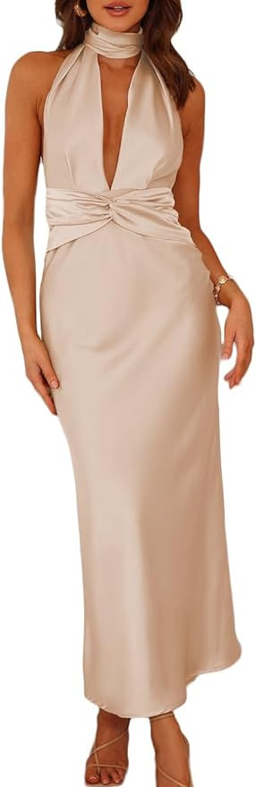 Summer Sexy Satin Backless Halter Maxi Dress for Women Elegant Sleeveless V Neck Twist Wedding Gu... | Amazon (US)