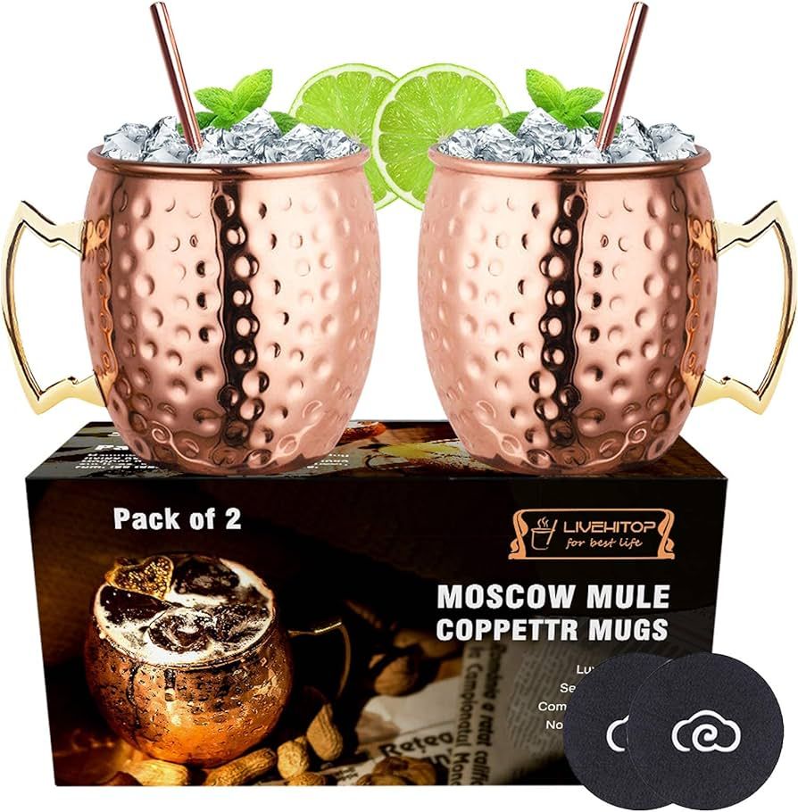 LIVEHITOP Moscow Mule Copper Mugs Set of 2, Copper Cups 19.5 Oz Cocktail Kit with Straw Coaster f... | Amazon (US)