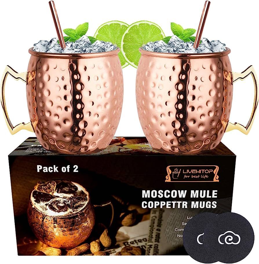 LIVEHITOP Moscow Mule Copper Mugs Set of 2, Copper Cups 19.5 Oz Cocktail Kit with Straw Coaster f... | Amazon (US)