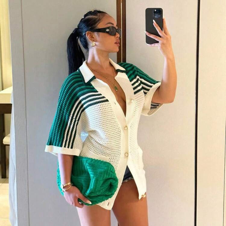 2025 New Women's Clothing Knitted Lapel Breasted Loose T-Shirt Striped Wool Contrasting Short-Sleeved Top | SHEIN