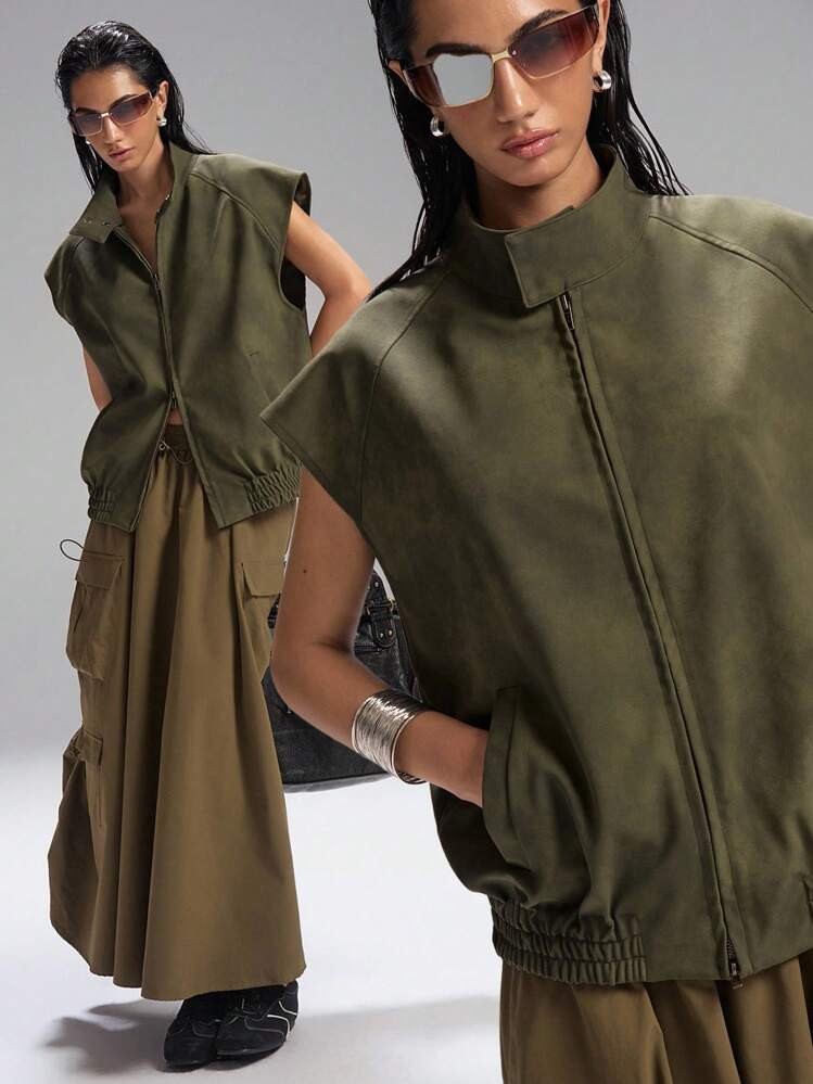LYSMO 2025 New Arrive Fall Women's Army Green Textured Fabric Casual Everyday Stand Collar Zip-Up Batwing Sleeve Jacket For Going Out Outfits, Back To School, Graduation, Streetwear, Grunge And Punk Chic, Y2K Clothes And Stockholm Style, Edgy Clothes Woman And Unique Clothes | SHEIN
