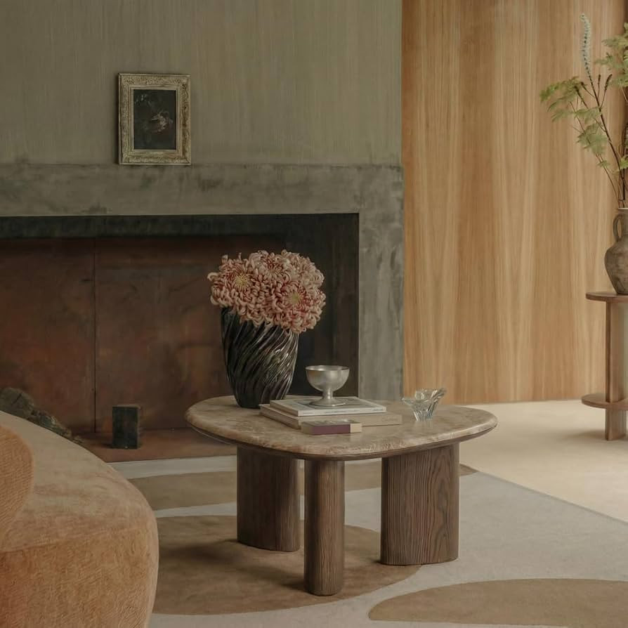 MIREO Marble Top Coffee Table, Organic Shaped Oval Center Table with Walnut Wood Legs, Modern Min... | Amazon (US)